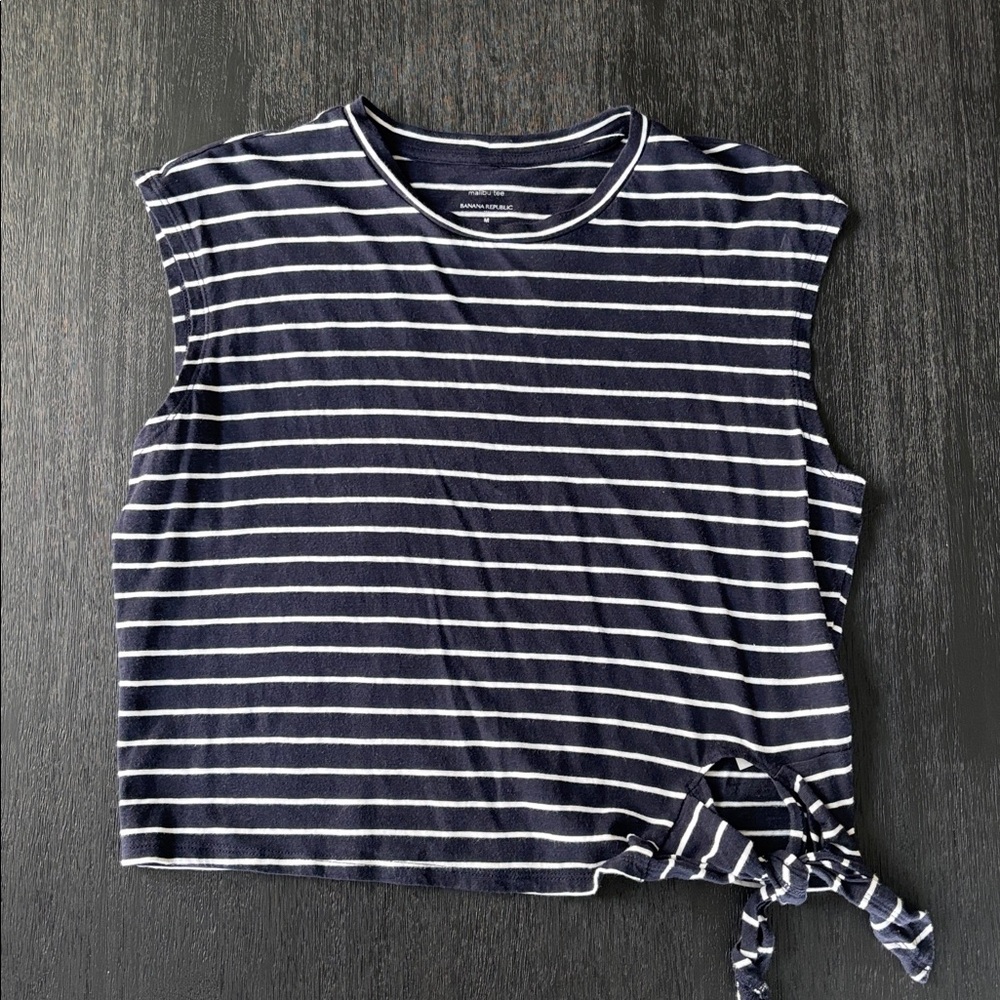 Banana Republic Navy and White Striped Cap-Sleeve Tie-Hem Top